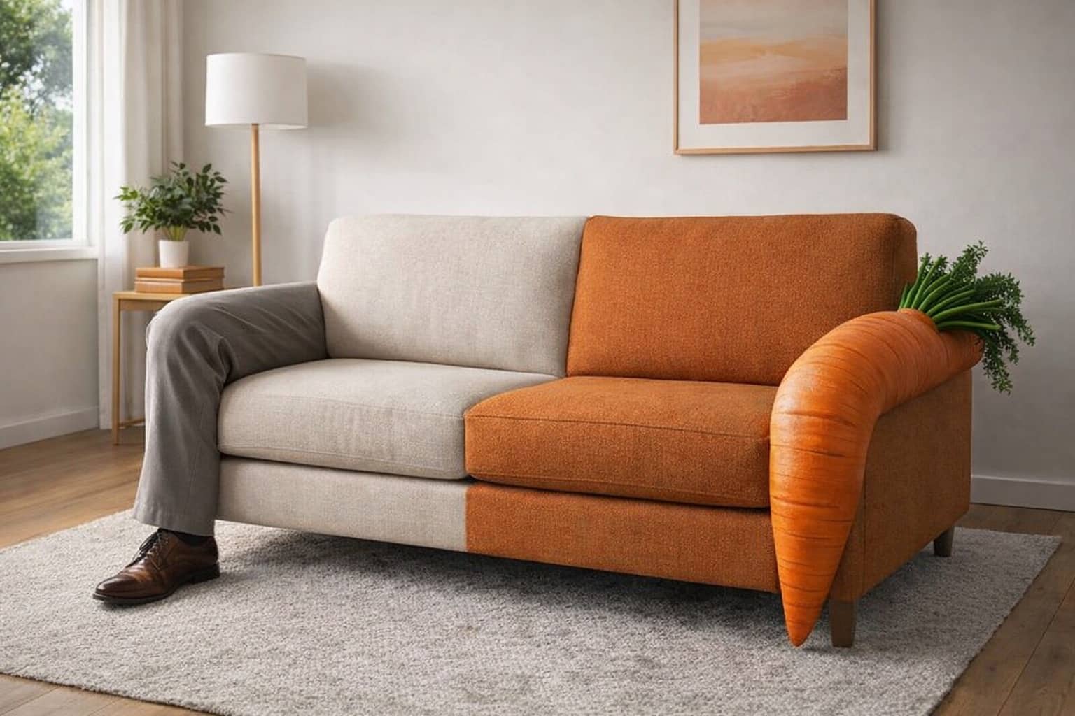 Ugly furniture meme showing a beige and orange sofa with a human leg and carrot arm.