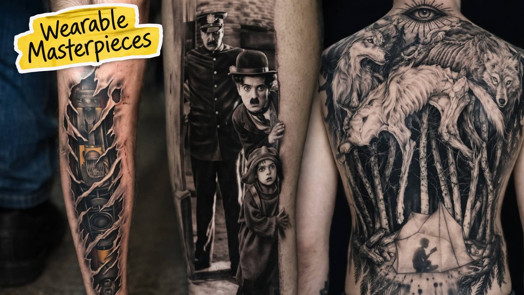Highly detailed wearable masterpieces tattoos featuring a steam engine, Charlie Chaplin, and a forest scene.