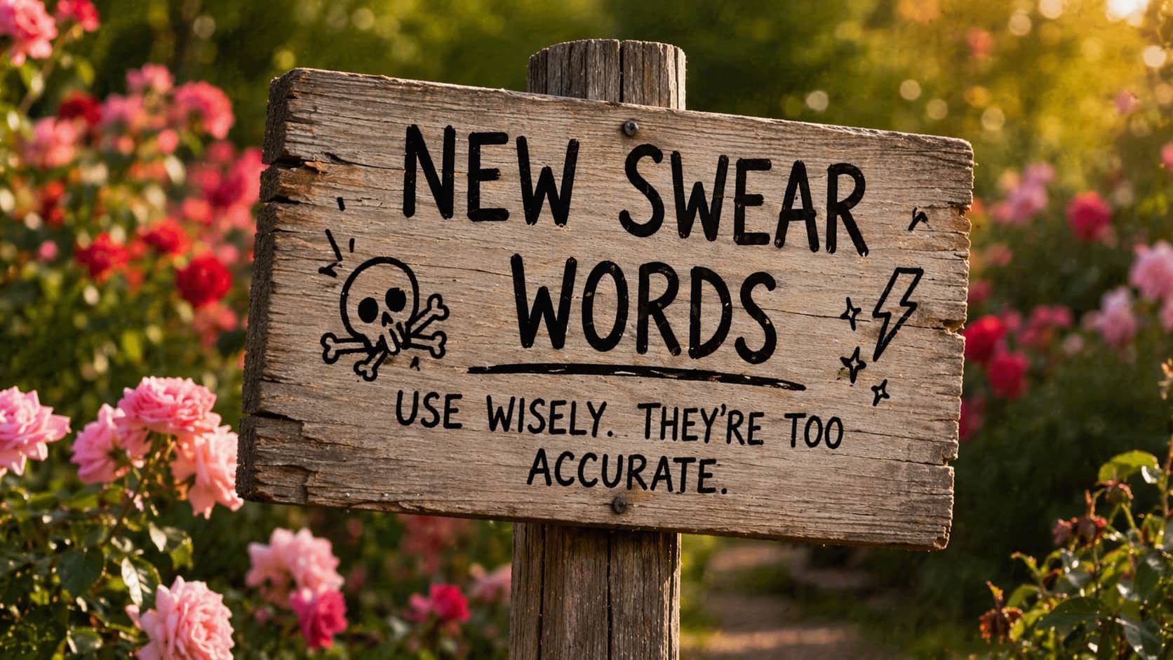 Rustic wooden sign in a rose garden reading new swear words use wisely they’re too accurate.