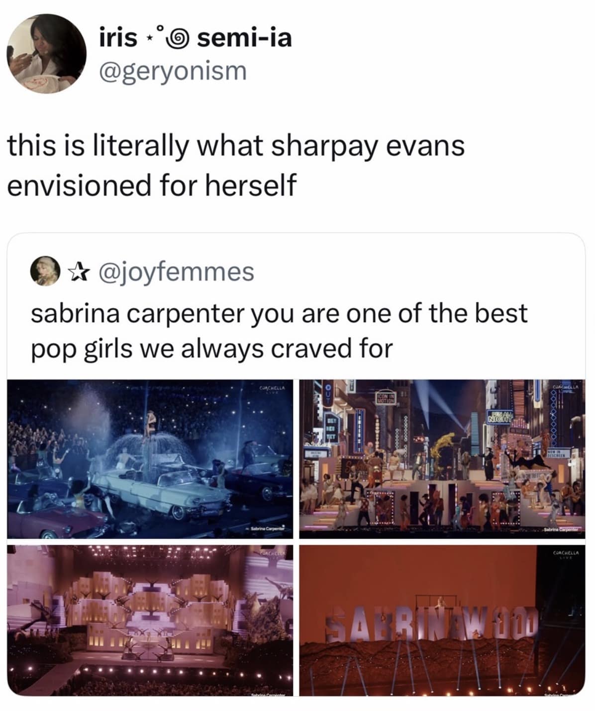 2026 Coachella meme collage comparing Sabrina Carpenter’s massive stage production to Disney’s High School Musical. The tweet from @geryonism claims the elaborate "Sabrinwood" sign and car-themed fountain are "literally what Sharpay Evans envisioned for herself."