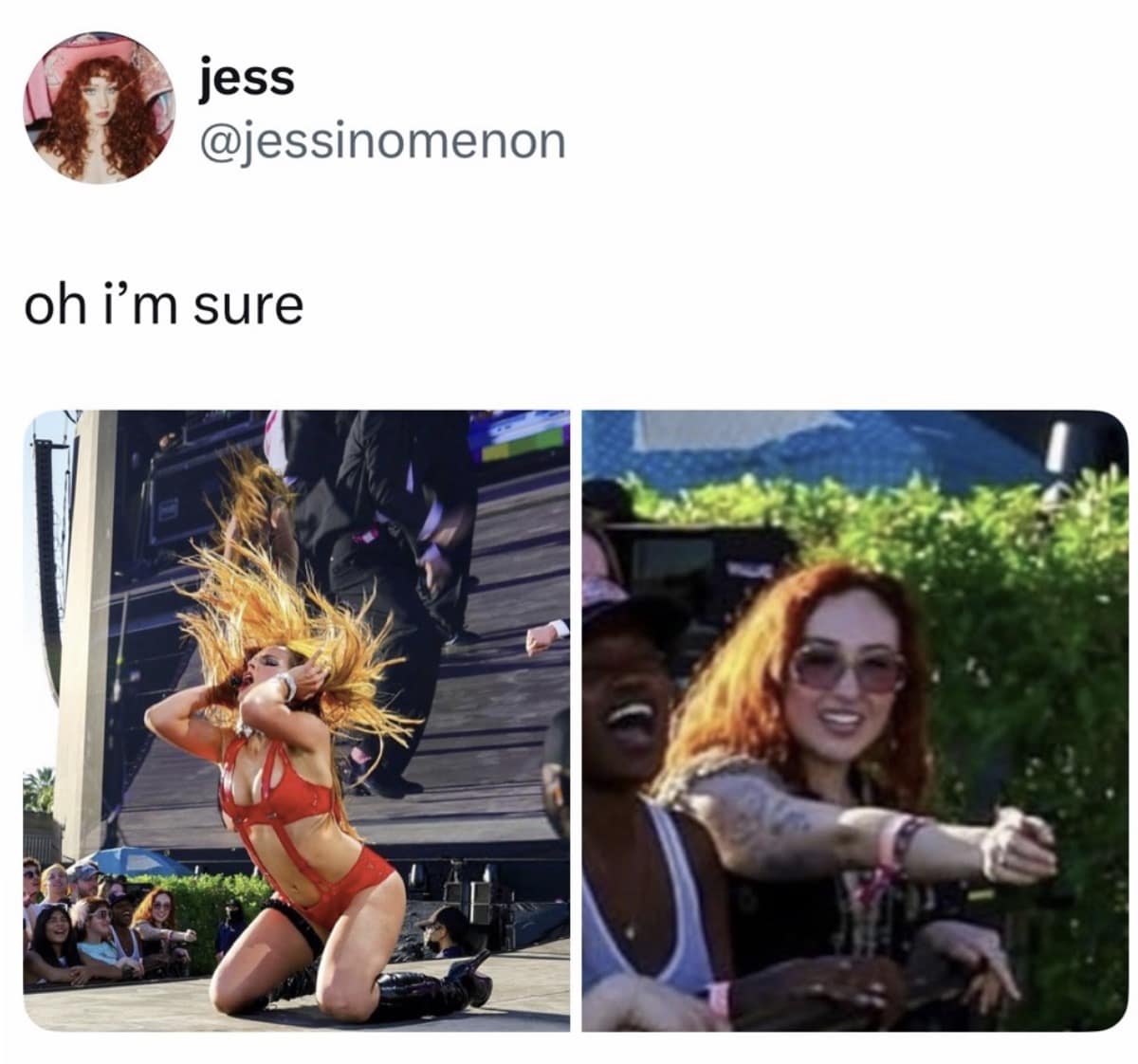 A side-by-side 2026 Coachella meme showing Sabrina Carpenter performing in a red cutout bodysuit on the left, and a red-haired fan in the crowd pointing and screaming with excitement on the right. The caption simply reads: "oh i'm sure."