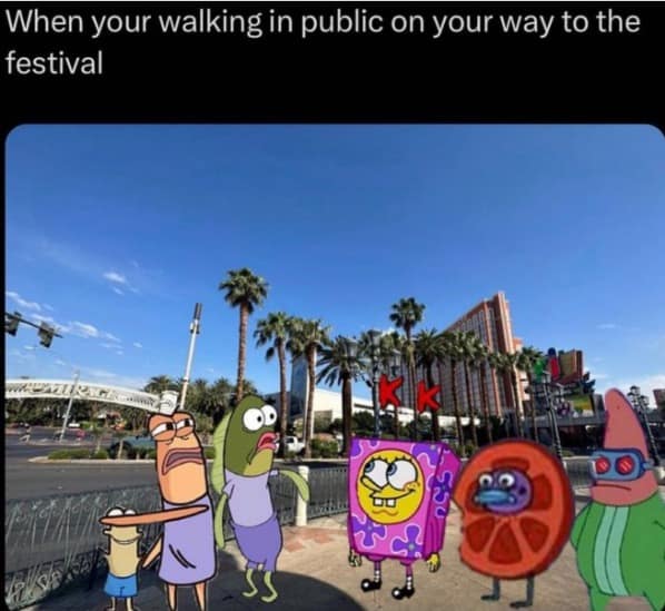 hilarious 2026 Coachella meme featuring SpongeBob SquarePants characters. Spongebob and his friends are edited into a desert city street wearing bright, clashing, and absurd outfits, representing the feeling of walking in public while dressed for a music festival.