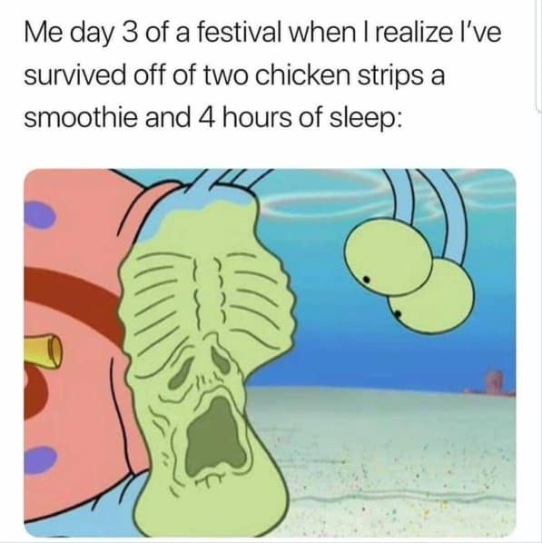visceral 2026 Coachella meme using a shot of Gary the Snail from SpongeBob looking shriveled, green, and completely dehydrated. The text describes the physical toll of Day 3, surviving on "two chicken strips, a smoothie and 4 hours of sleep."