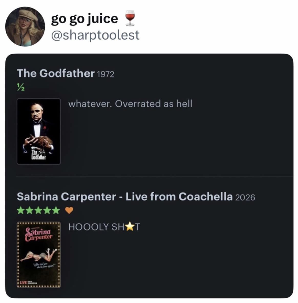 A hilarious 2026 Coachella meme featuring a Letterboxd review comparison. The top review gives the cinematic masterpiece The Godfather a mere half-star, calling it "overrated," while the bottom review gives Sabrina Carpenter's 2026 Coachella set a perfect five stars with the caption "HOOOLY SH*T."