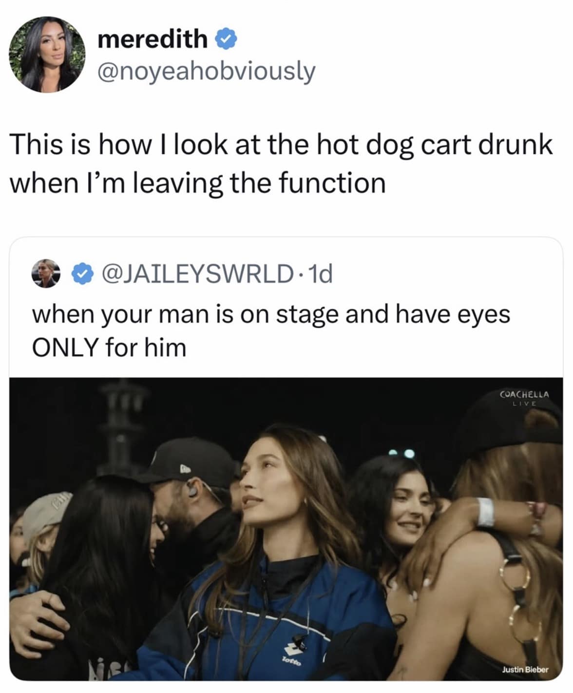 2026 Coachella meme featuring Hailey Bieber gazing adoringly at the stage during her husband's set. The caption from @noyeahobviously subverts the romantic sentiment, stating, "This is how I look at the hot dog cart drunk when I’m leaving the function."