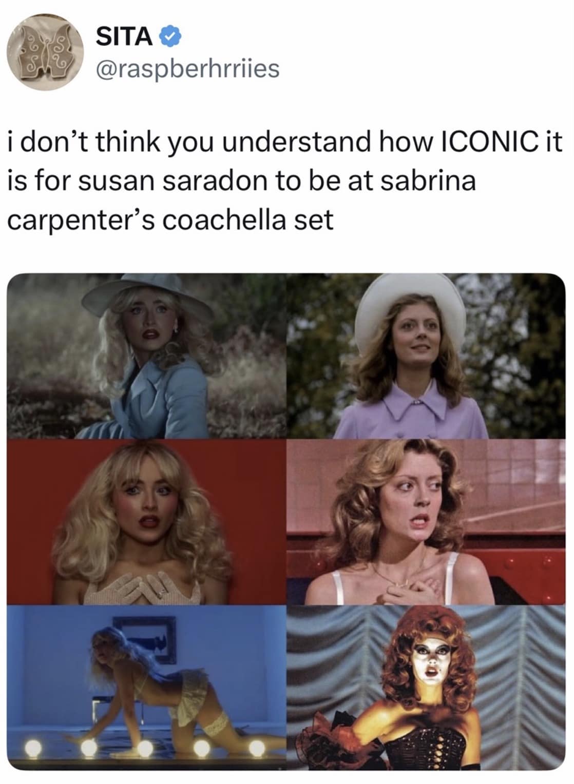 A visual-parallel 2026 Coachella meme collage from @raspberhrriies. It pairs images of Sabrina Carpenter's stage costumes and music videos with classic film stills of Susan Sarandon, highlighting their "iconic" shared aesthetic and Sarandon’s actual presence at the festival.
