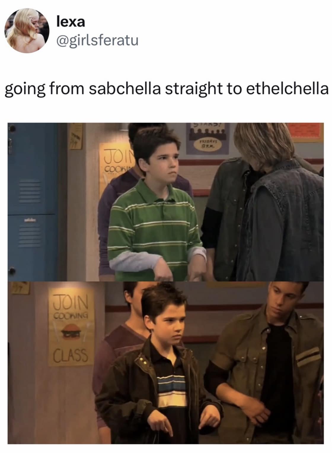 niche 2026 Coachella meme using Freddie Benson from iCarly to illustrate the festival's tonal shift. The top panel represents "Sabchella" (Sabrina Carpenter) with a bright polo, while the bottom panel represents "Ethelchella" (Ethel Cain) with a sudden, dark transition into a brooding leather jacket.