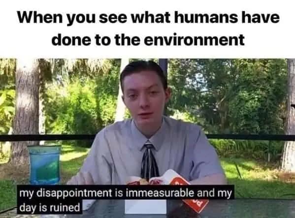 The iconic Reviewbrah (The Report of the Week) looking somber and defeated in a suit. This 2026 Earth Day meme uses his viral quote to express how it feels to see the current state of the environment: My disappointment is immeasurable and my day is ruined.