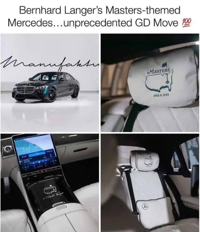 An elite-level 2026 Masters meme showcasing the custom interior of Bernhard Langer’s Mercedes-Benz. The four-panel image highlights headrests embroidered with his win years (1985 & 1993) and a signed center console, captioned as an "unprecedented GD Move" of pure championship flexing.