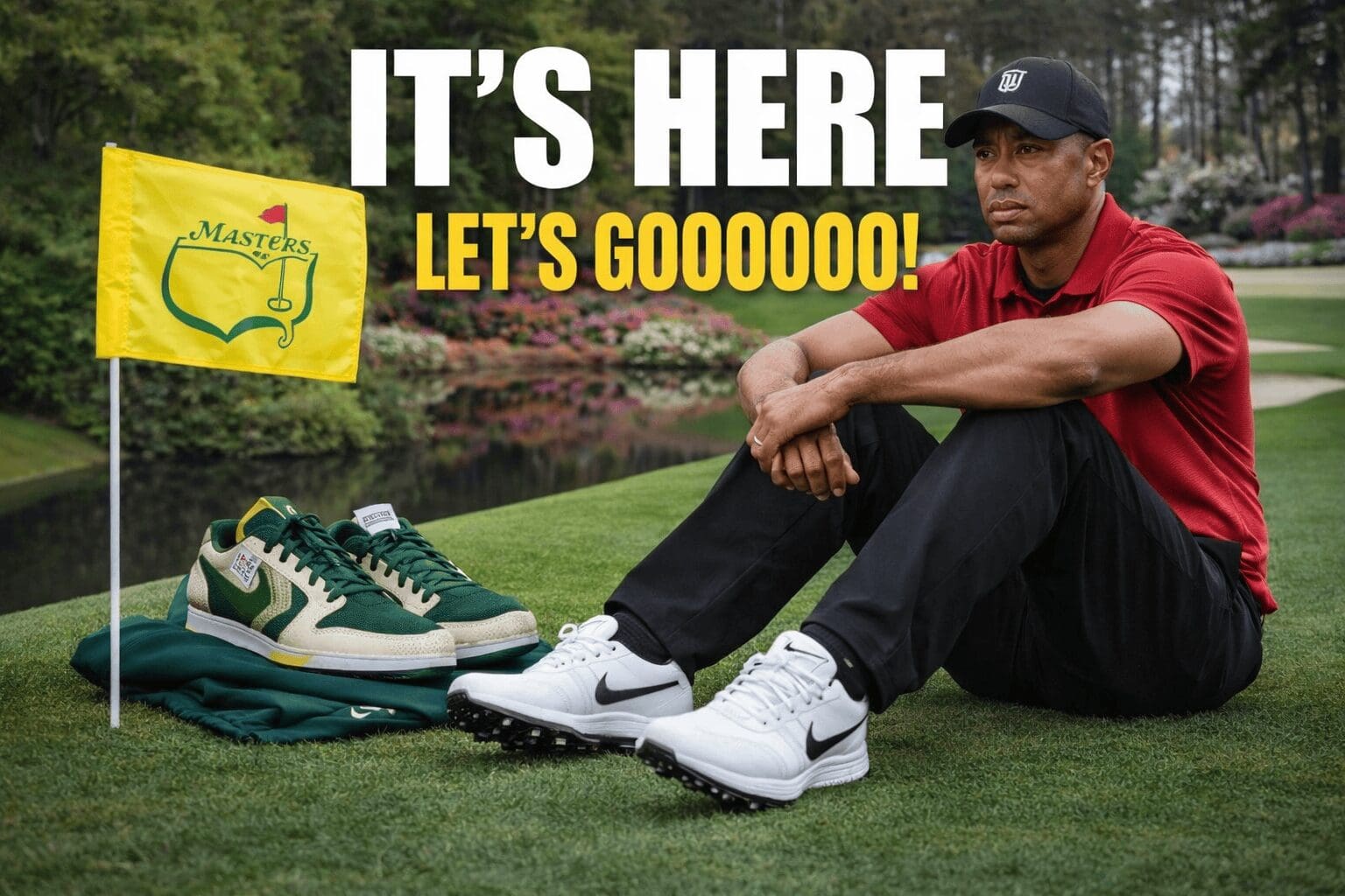 2026 Masters memes compilation: A collage of golf memes featuring Tiger Woods shaking hands with a hand emerging from a pine tree, the "Distracted Boyfriend" template choosing the tournament over work, and a custom Nike Air Jordan 1 sneaker featuring the Augusta National leaderboard.