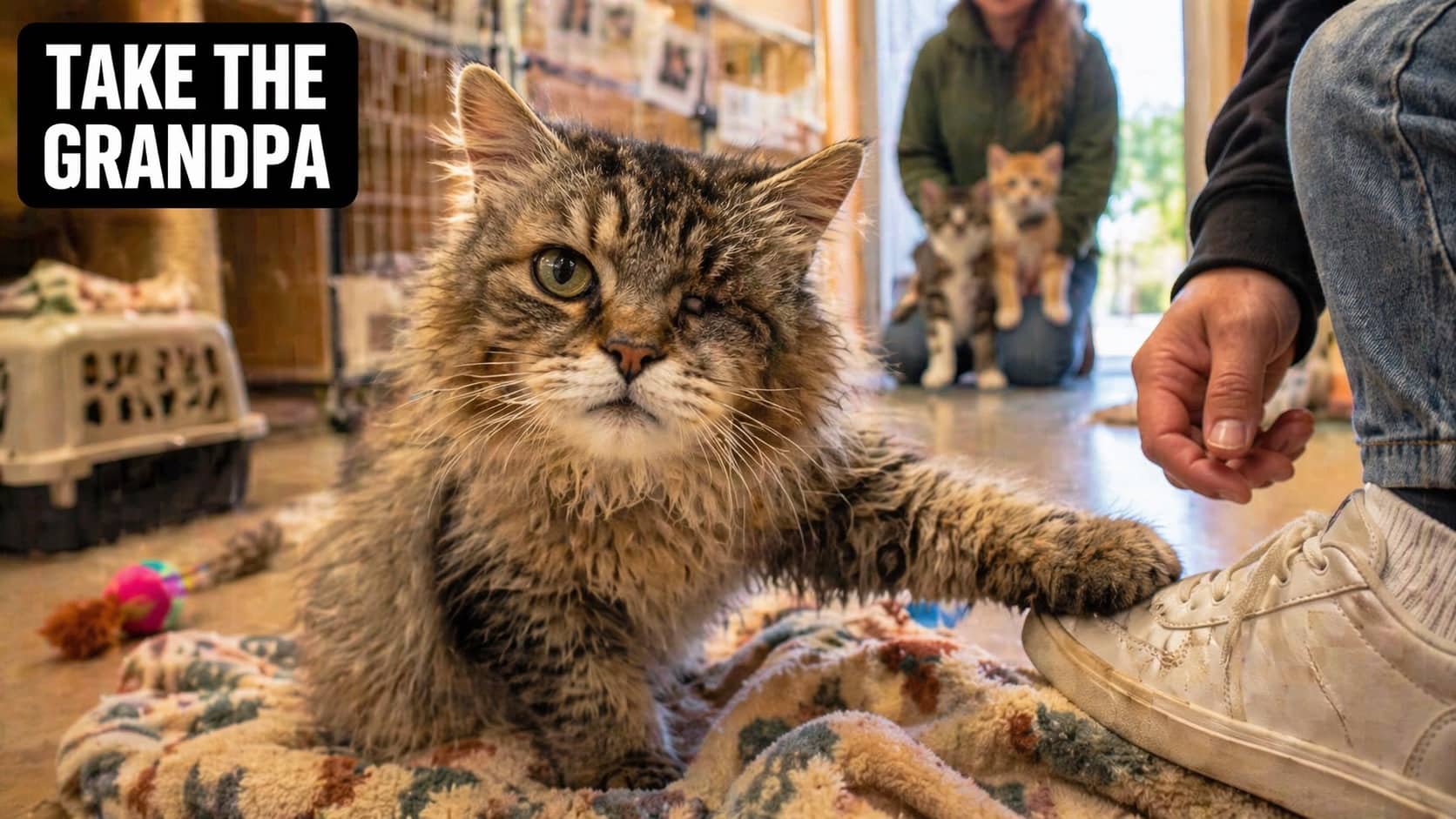 Old fluffy cat with one eye at a shelter reaching out to a person's shoe.