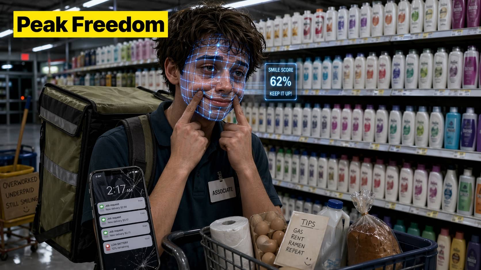 Retail worker forcing a smile with digital face tracking overlay and tip jar listing rent costs.