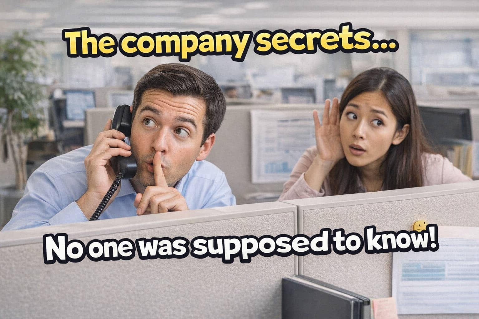 Two office colleagues whispering and eavesdropping over a cubicle wall about secret company information.