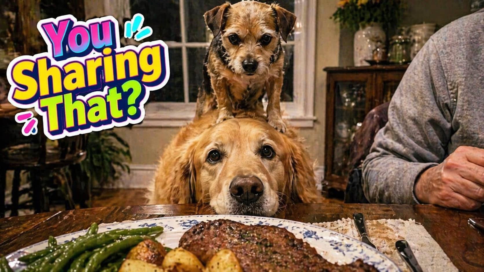 Small terrier dog standing on golden retriever's head while begging for steak and green beans.
