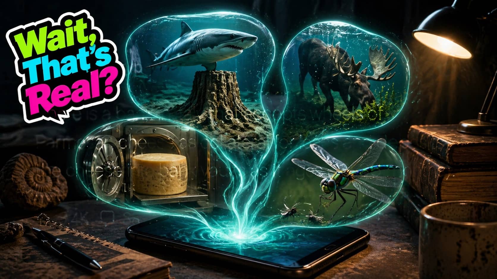Surreal collage of a shark, moose, and dragonfly emerging from a phone for facts meme.