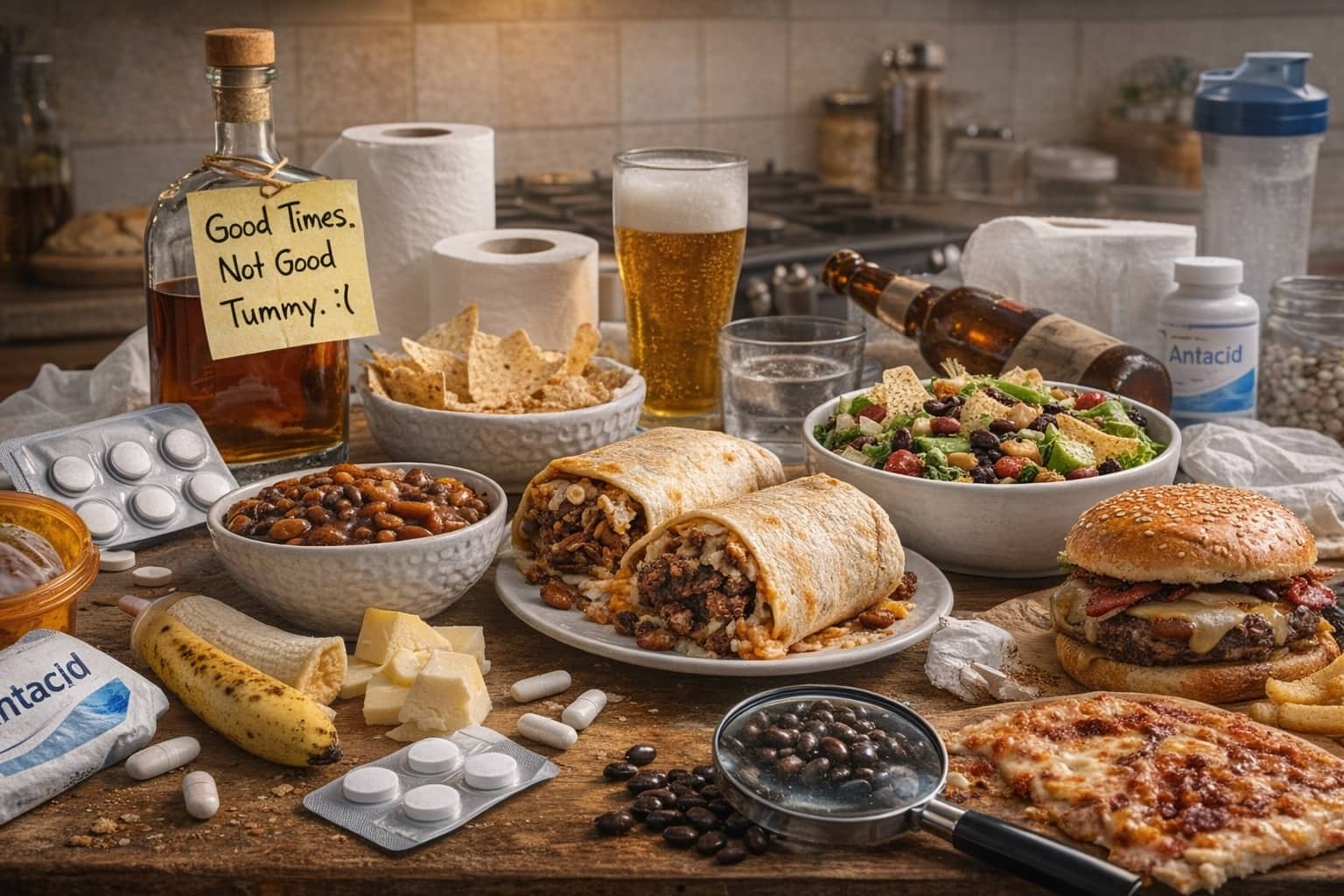 Millennial diet foods like burritos and pizza surrounded by antacid medicine and a humor note.