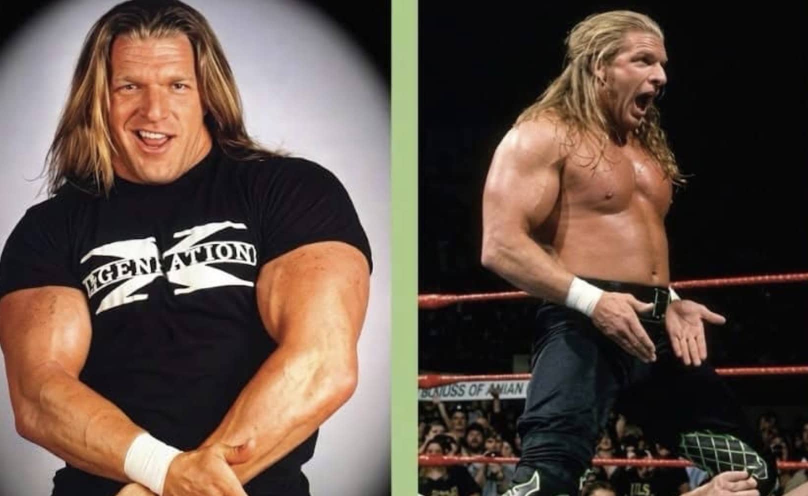WWE wrestler Triple H in D-Generation X shirt performing his signature crotch chop ring pose.