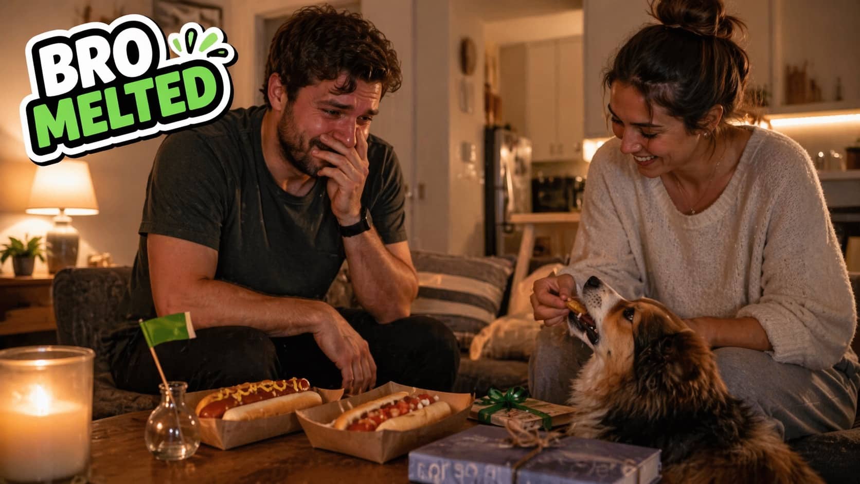 Woman feeding a dog while a man watches emotionally with a Bro Melted meme overlay text.