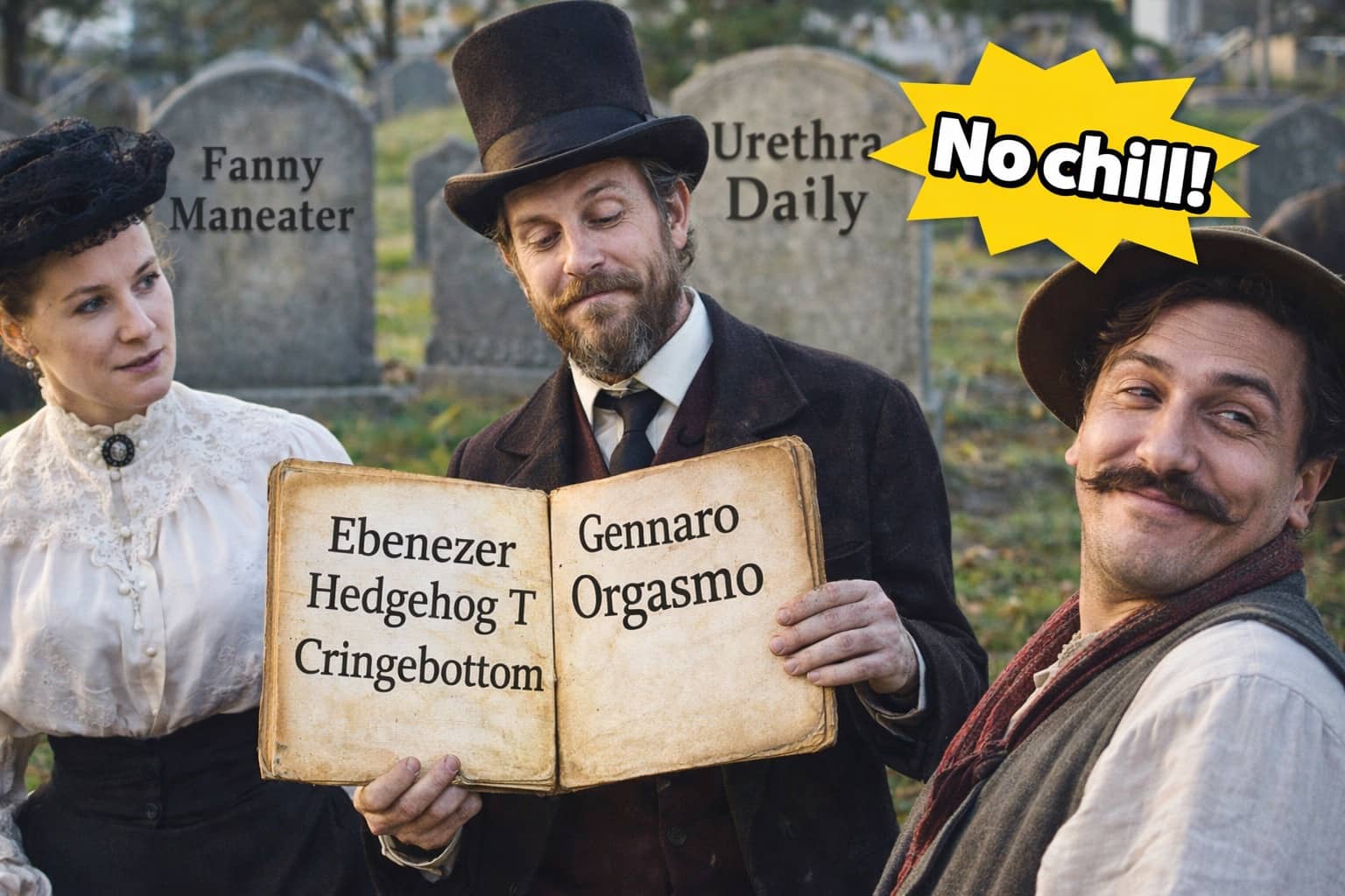 Victorian people in a graveyard holding a book filled with ridiculous names and humorous historical puns.