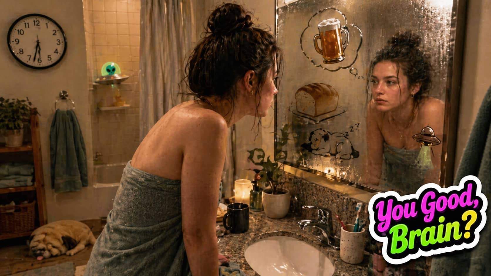Young woman in towel looking in mirror with thought bubbles of beer, bread, and dog.