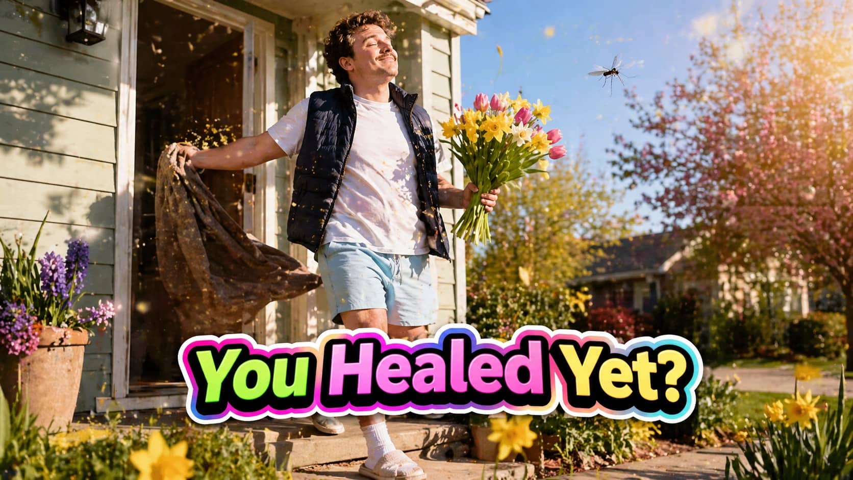 Man happily walking outside with flowers while surrounded by floating pollen and springtime memes elements.