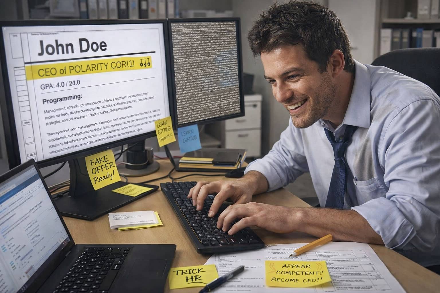Unethical job hacks concept with a man faking a CEO resume and HR trickery sticky notes.