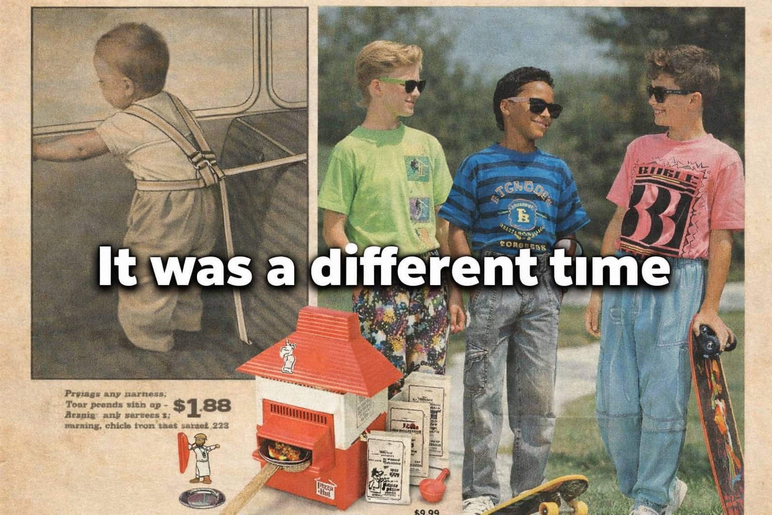 Vintage catalog collage featuring a baby in a harness, 90s kids in neon clothes, and a Pizza Hut toy oven.