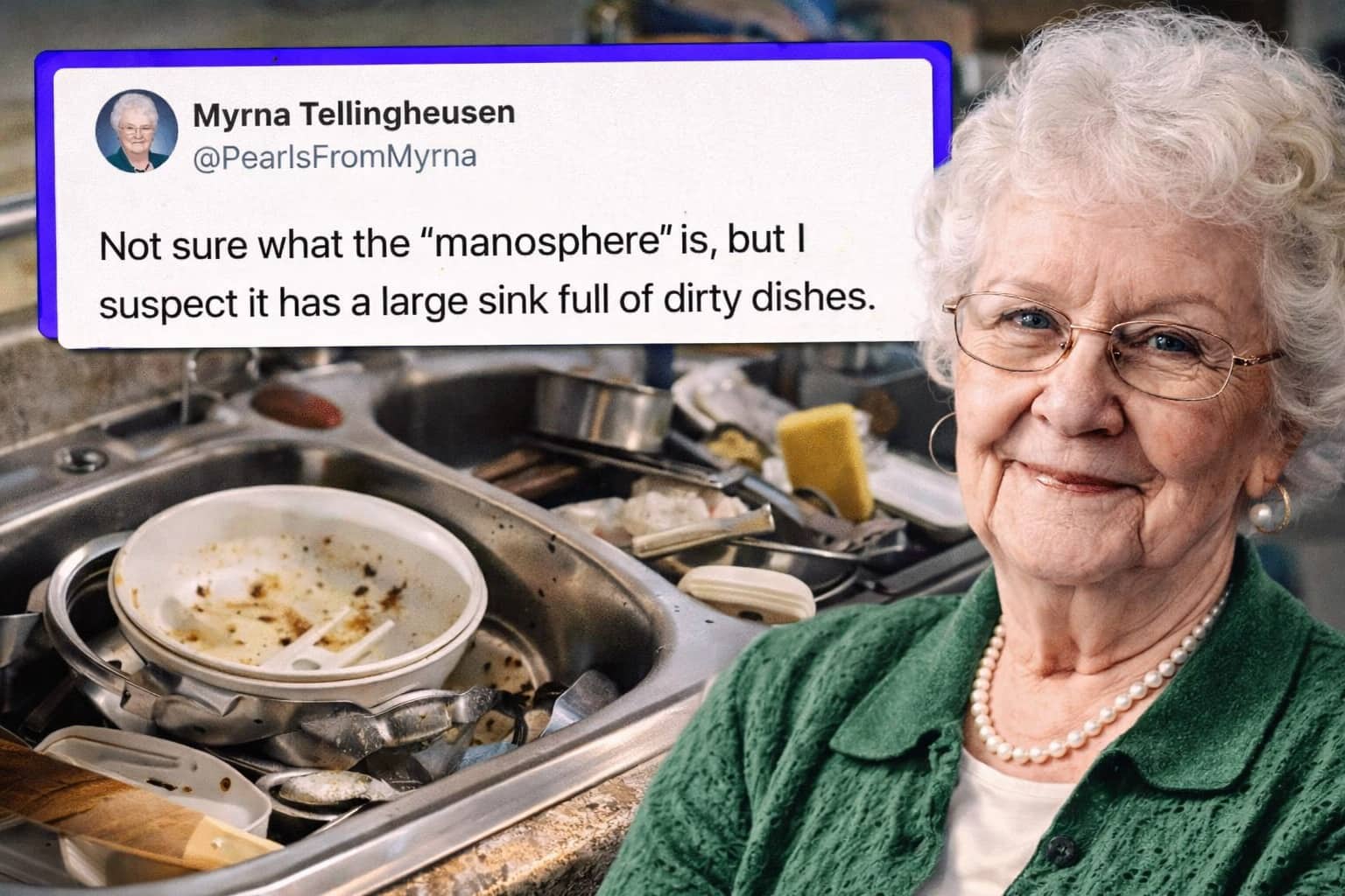 Elderly woman Myrna Tellingheusen smiling next to a kitchen sink full of dirty manosphere dishes.