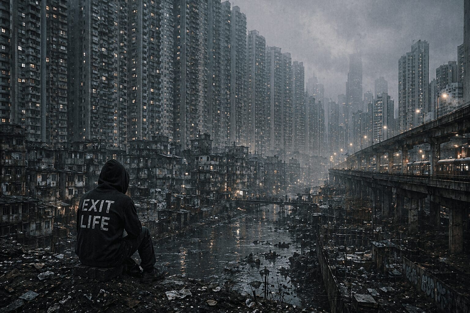 Rooftop solitude in a smog-filled city