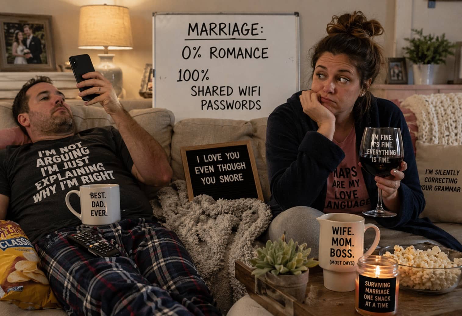 Relatable marriage meme showing a couple on a couch with humorous signs about shared wifi passwords.