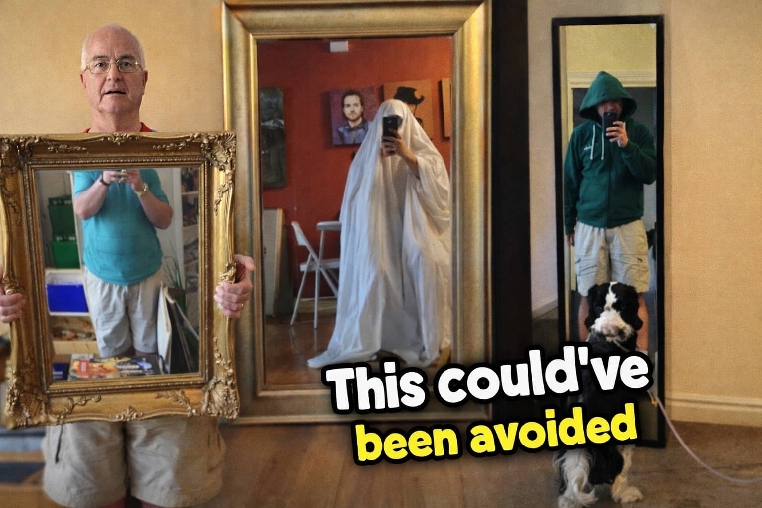 Collage of people using creative disguises like ghost sheets to avoid being seen in mirror photos.