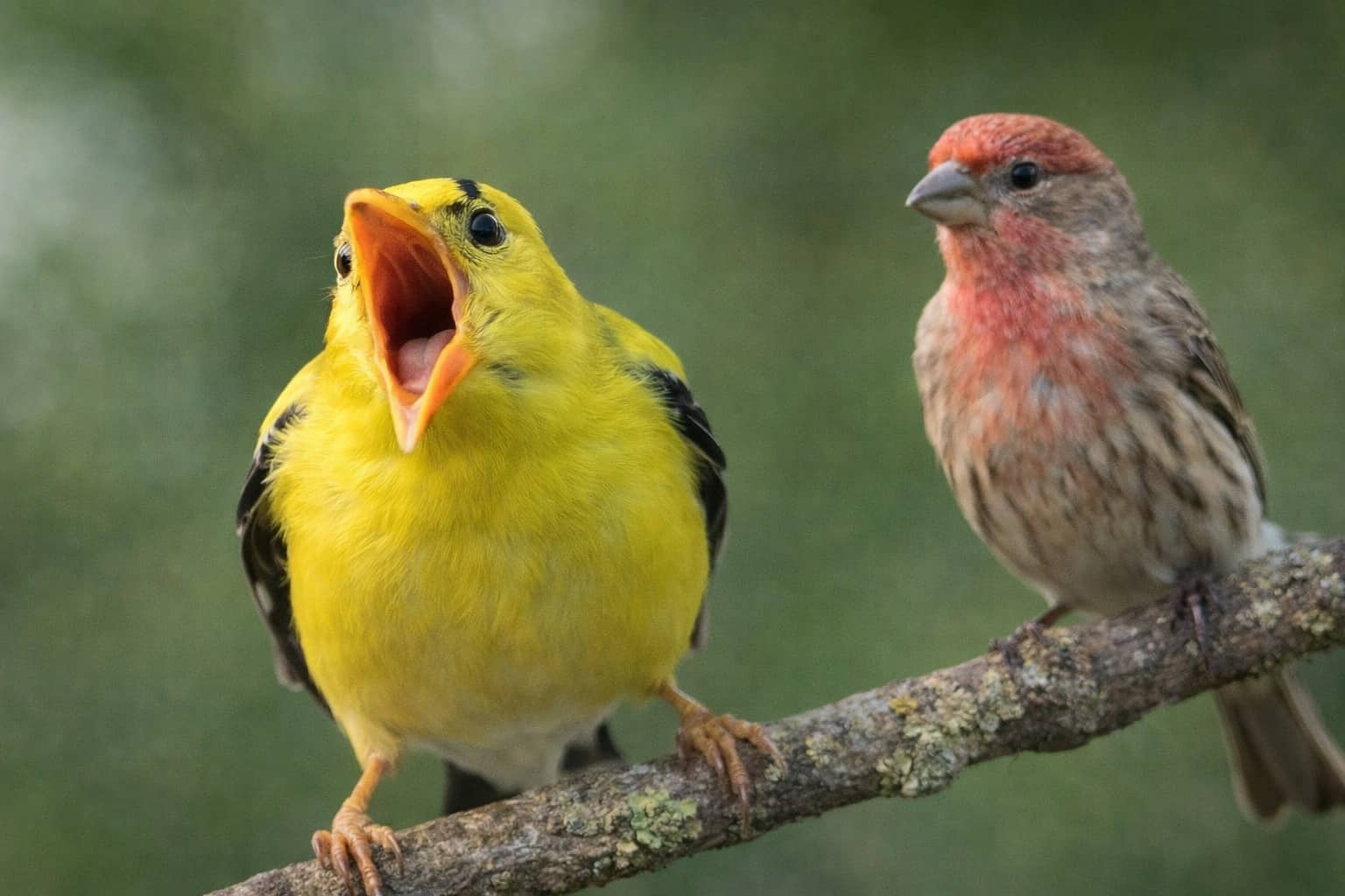 Funny bird memes depicting a yellow bird screaming loudly next to a calm, confused red bird.