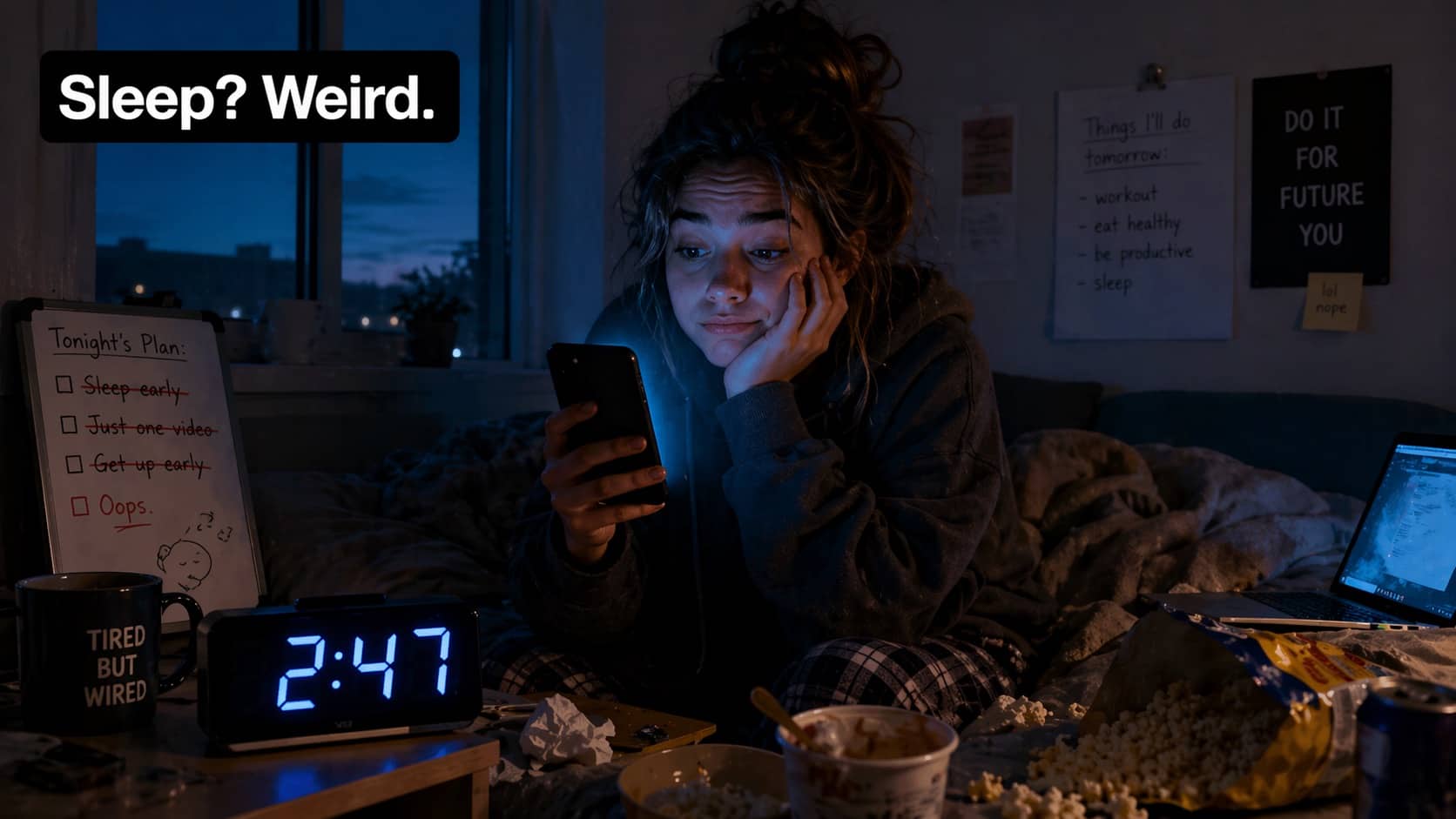 Tired woman on her phone at 2:47 AM surrounded by snacks and messy bedroom items.