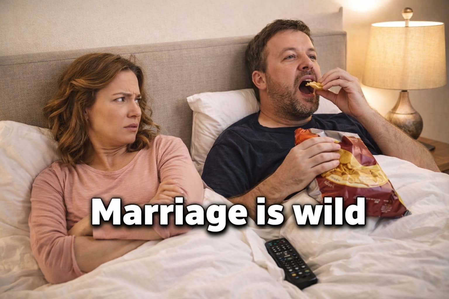 Woman looking annoyed at a man eating chips in bed with the overlay text marriage is wild.