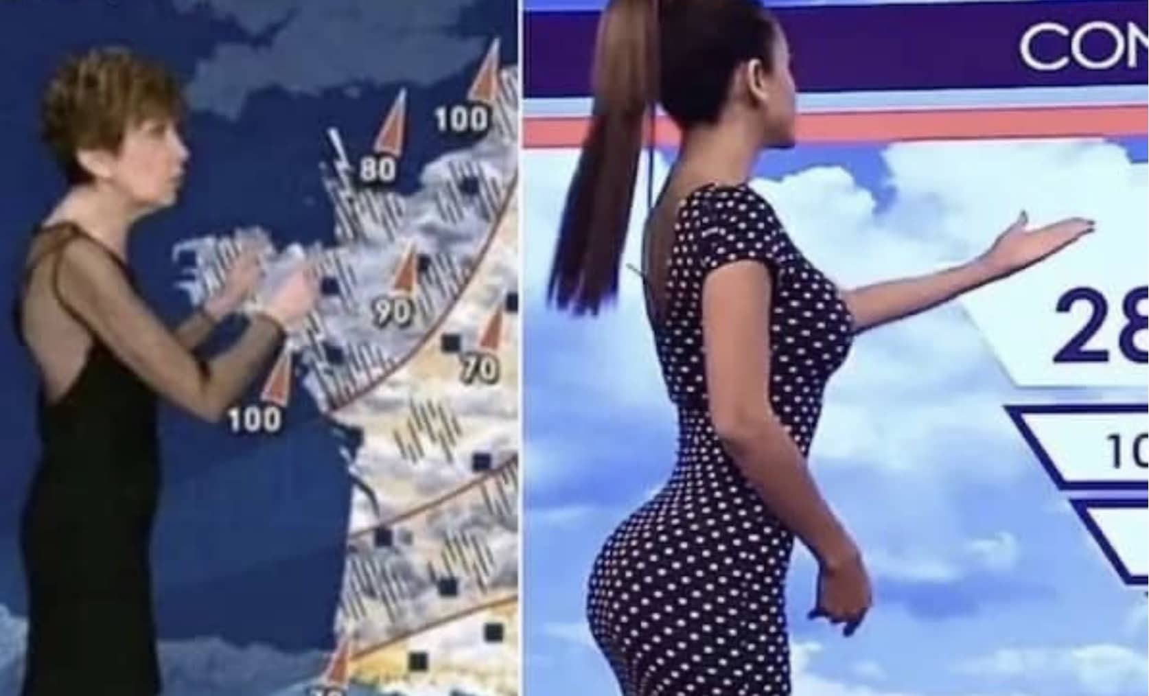 Side-by-side comparison of two weather reporters showing different fashion choices and physical postures on camera.