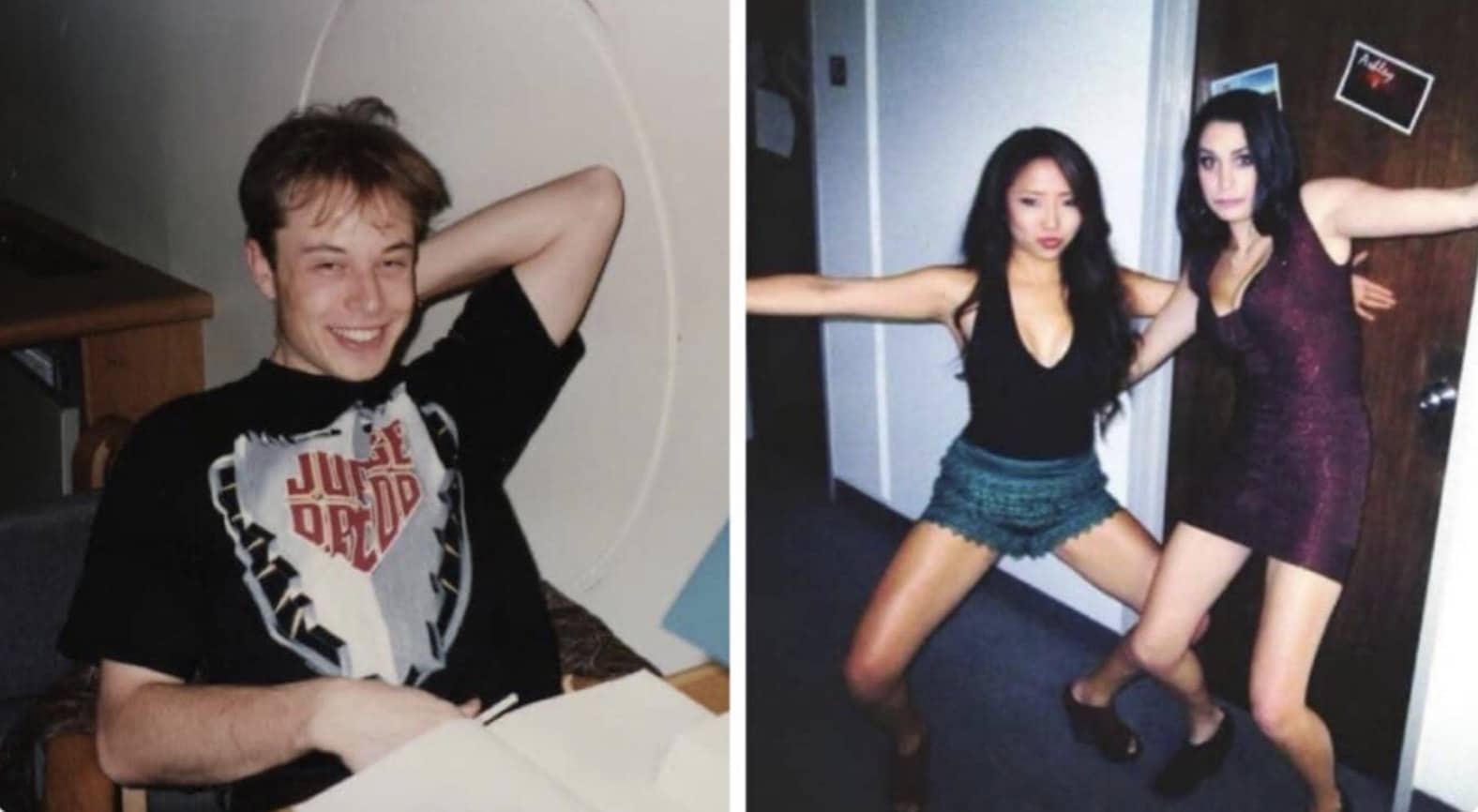 Young Elon Musk smiling in a vintage photo next to a photo of two women posing in a hallway.