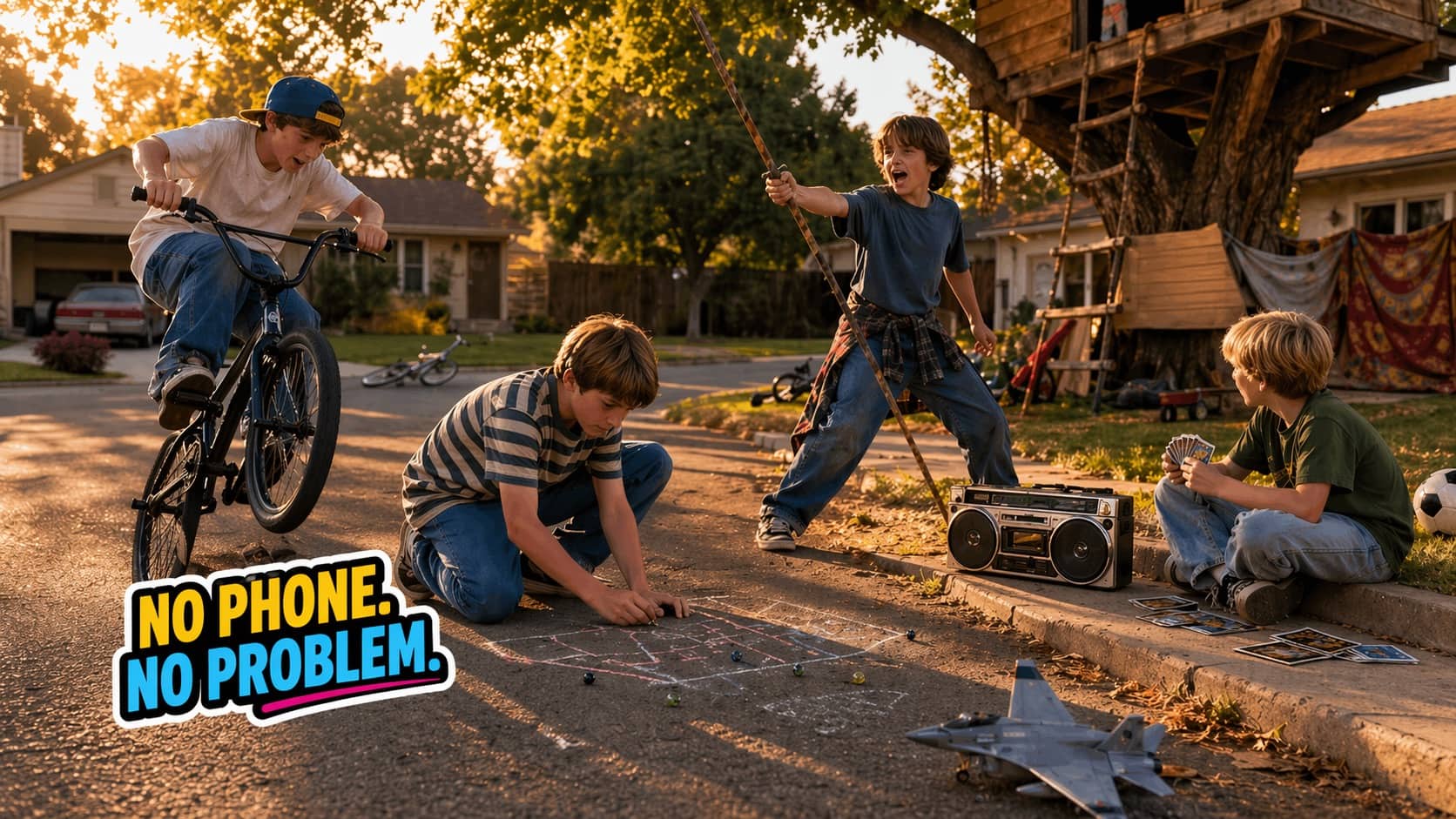 Nostalgic 1990s scene of boys playing outside with bikes, marbles, a boombox, and no phones.