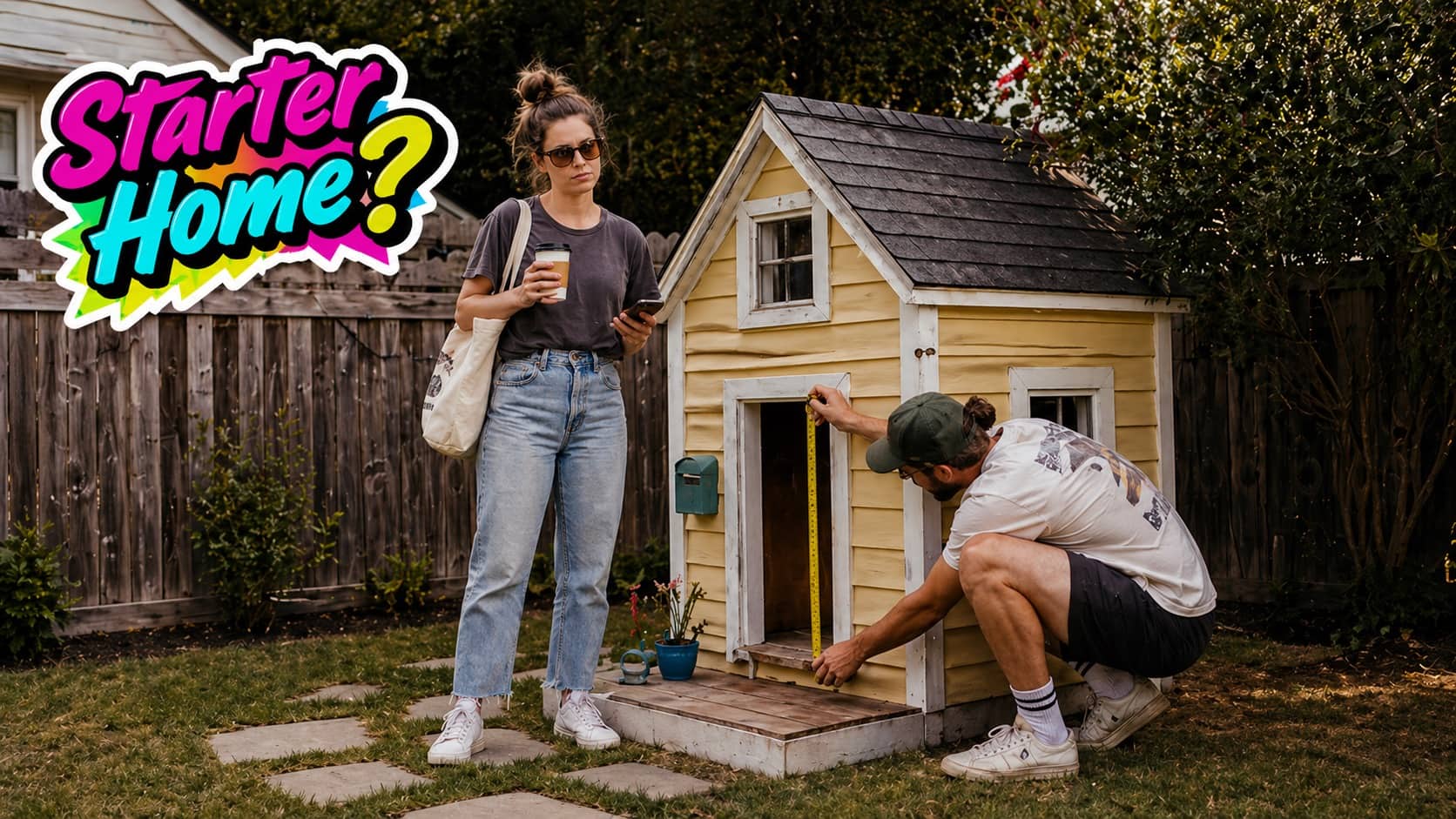 Young couple looking discouraged while measuring a tiny yellow playhouse as a starter home option.