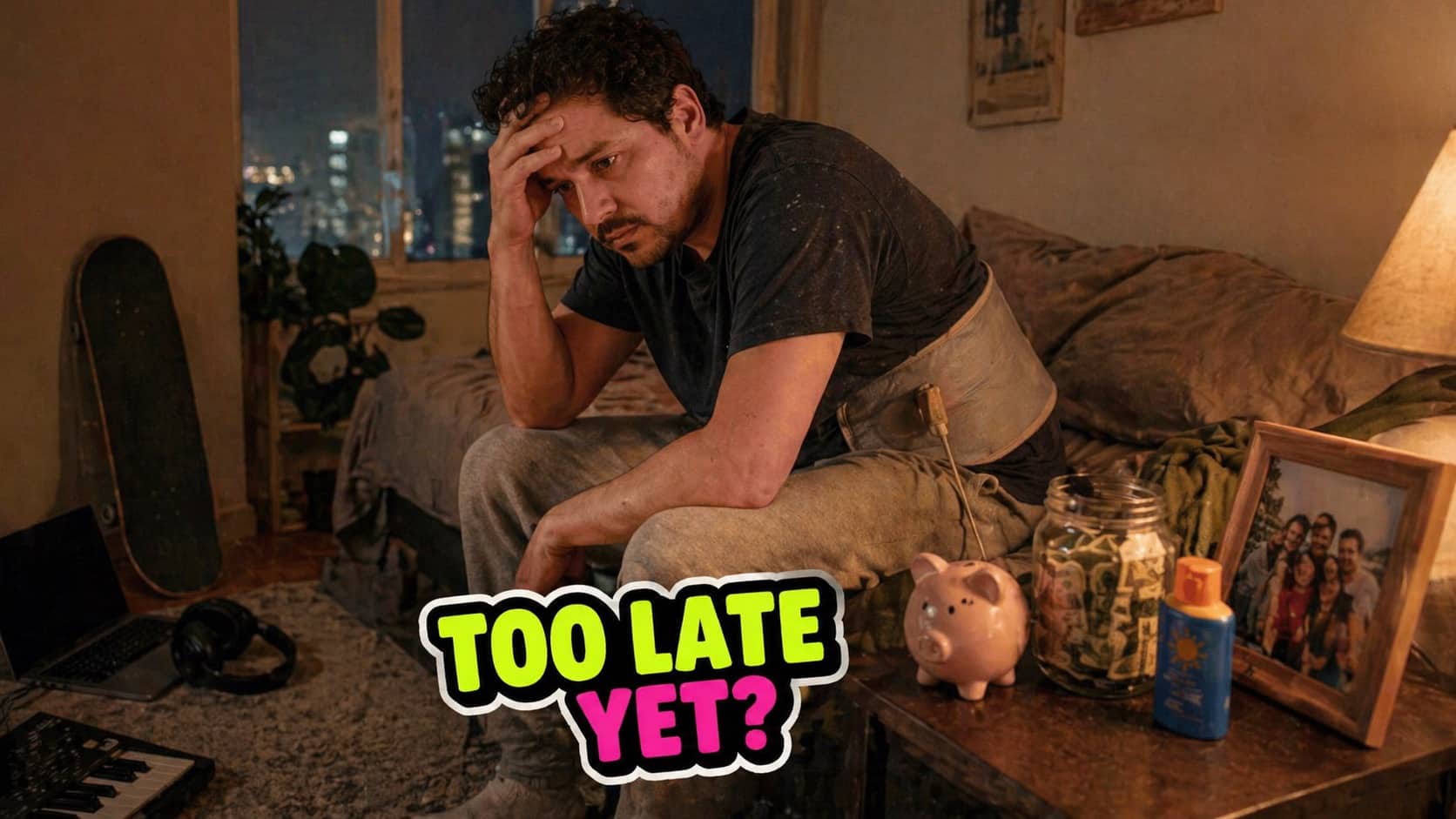 Stressed man in his forties sitting on a bed reflecting on life regrets meme.