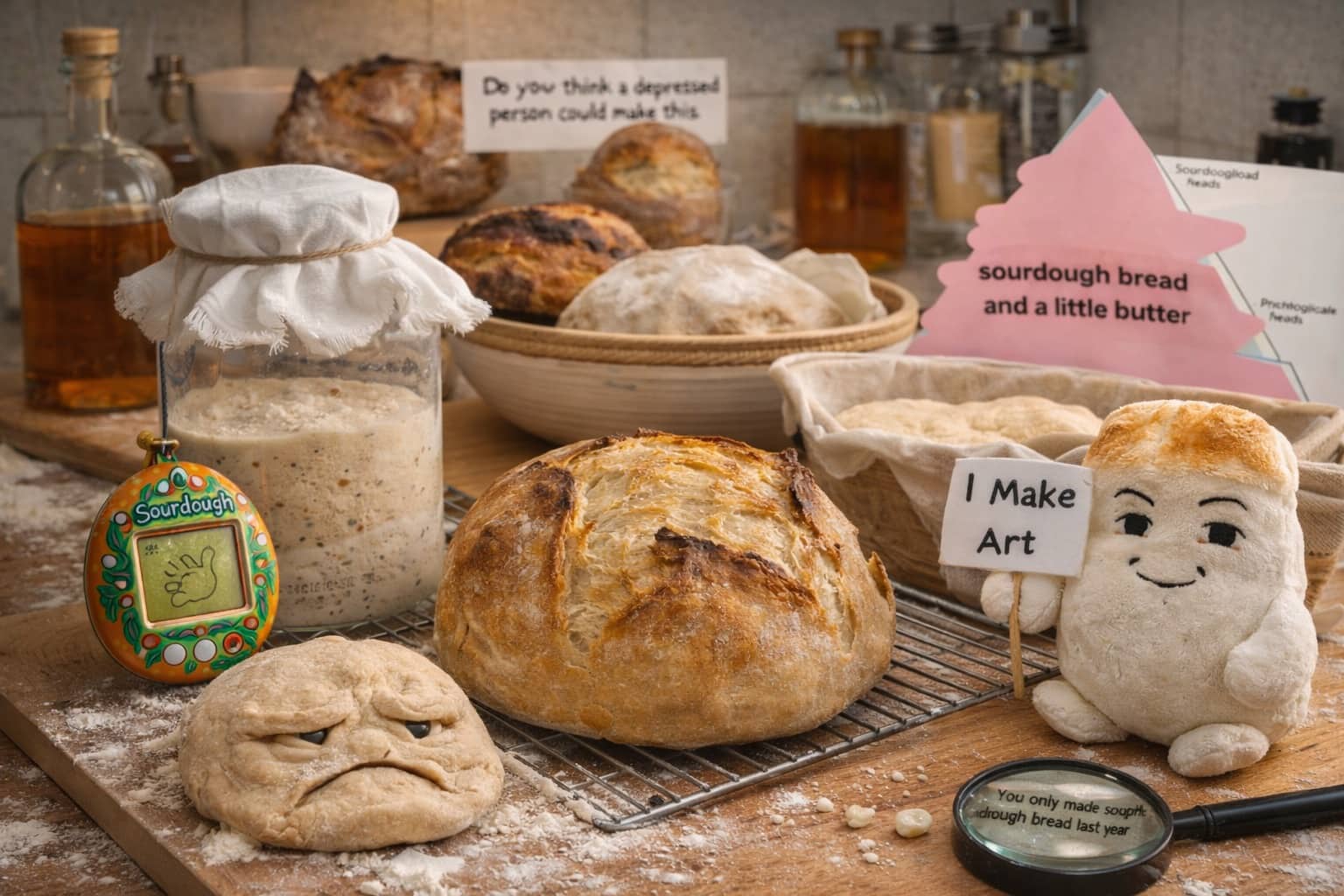 Sourdough bread loaves and starter jar with humorous notes about baking as a hobby.