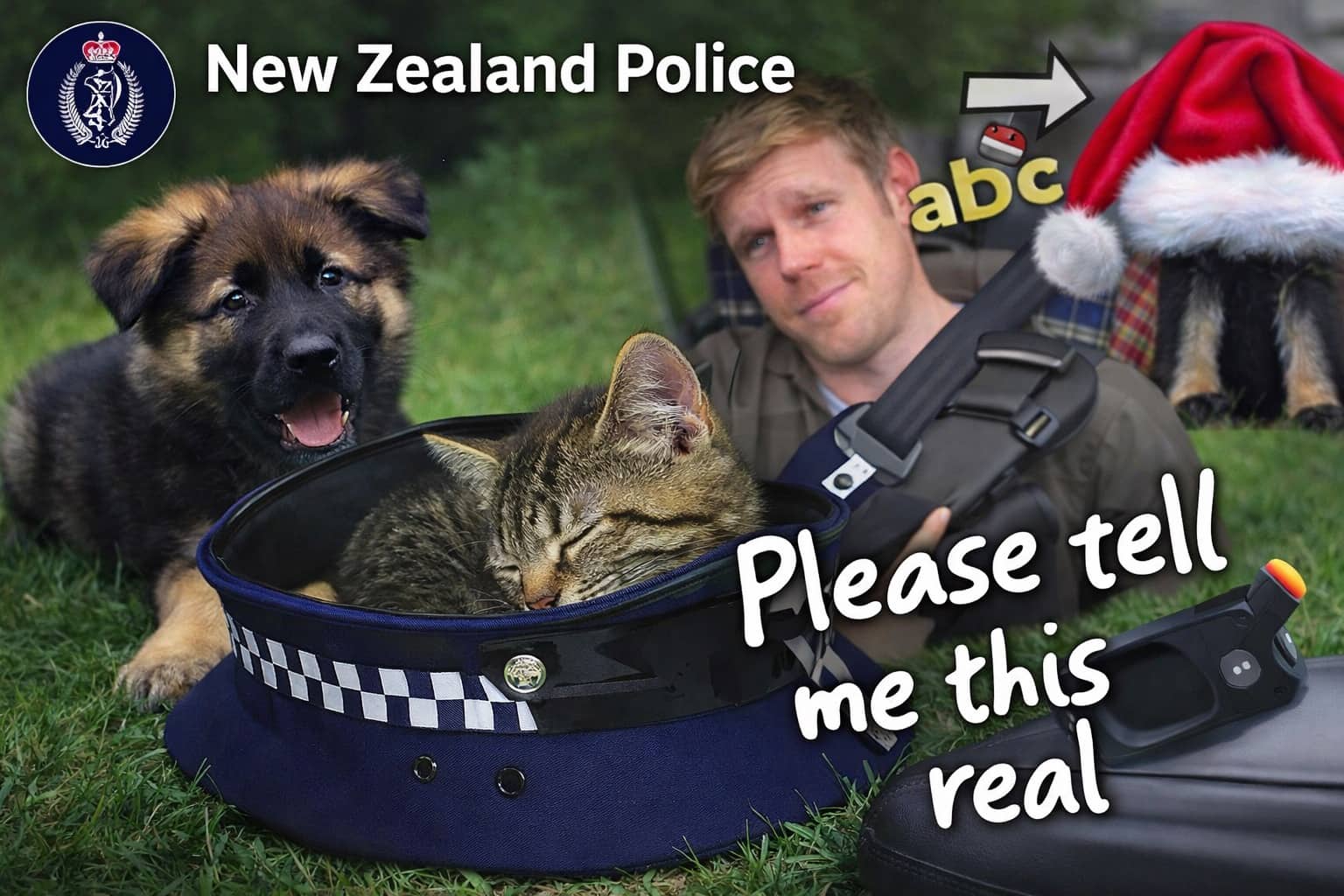 Wholesome New Zealand Police Facebook post featuring a kitten sleeping in a uniform hat and puppies.