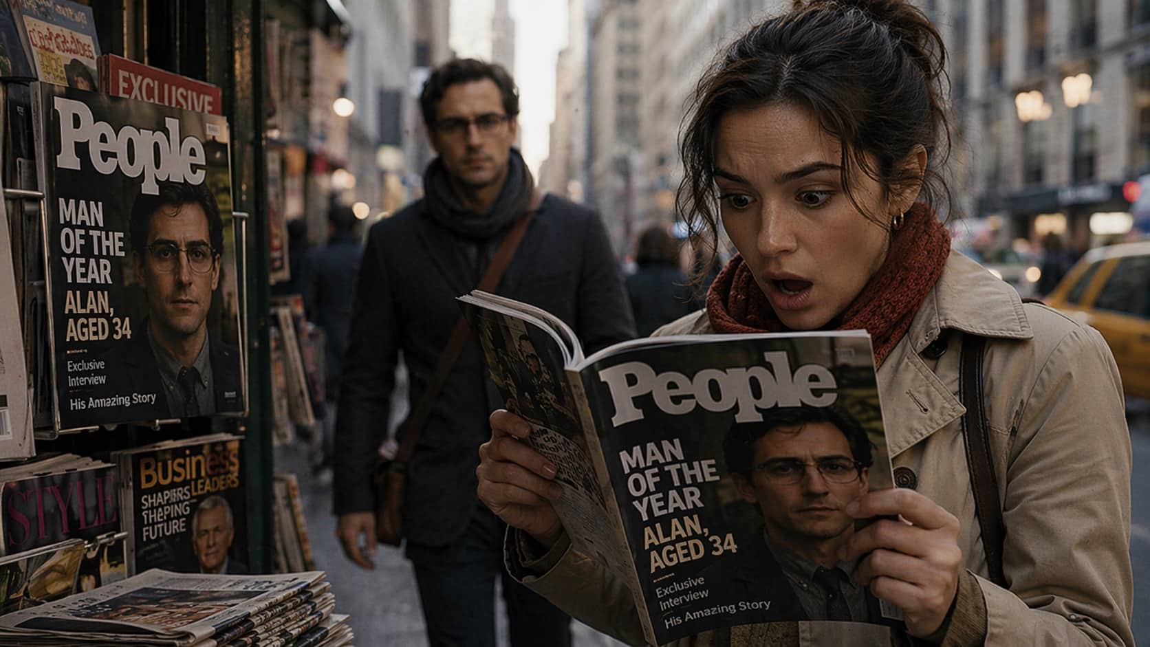 Shocked woman on city street holding a People magazine featuring the man walking behind her.