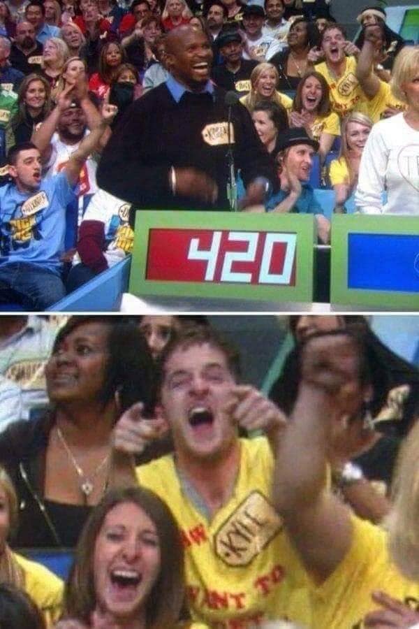 This legendary 420 meme moment from The Price Is Right captures a contestant bidding exactly four hundred and twenty. The lower panel shows a man in the audience named Kyle erupting into a state of absolute, unbridled euphoria at the bid.