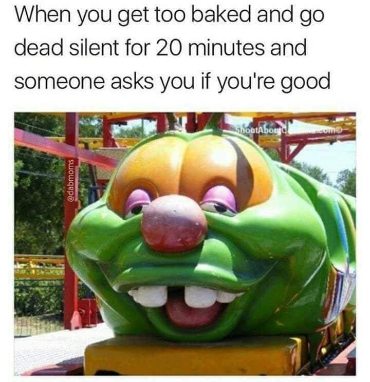 A hilarious 420 meme features a green caterpillar ride vehicle with a comically dazed expression, including bloodshot eyes and a slack-jawed grin. The text describes that specific state of paralysis where you go dead silent for twenty minutes until a concerned friend asks if you're okay.
