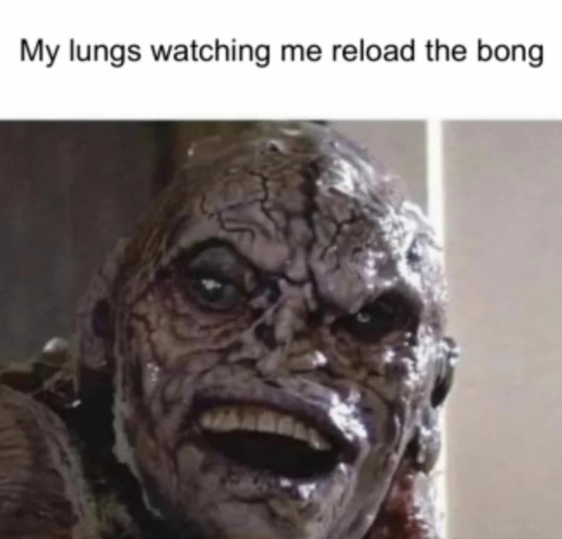 This visceral 420 meme uses a close-up of a scarred, wide-eyed creature from a cult horror film to represent a person's internal organs. The text personifies the user's lungs looking on in absolute terror as they watch the person prepare yet another massive bowl for the bong.