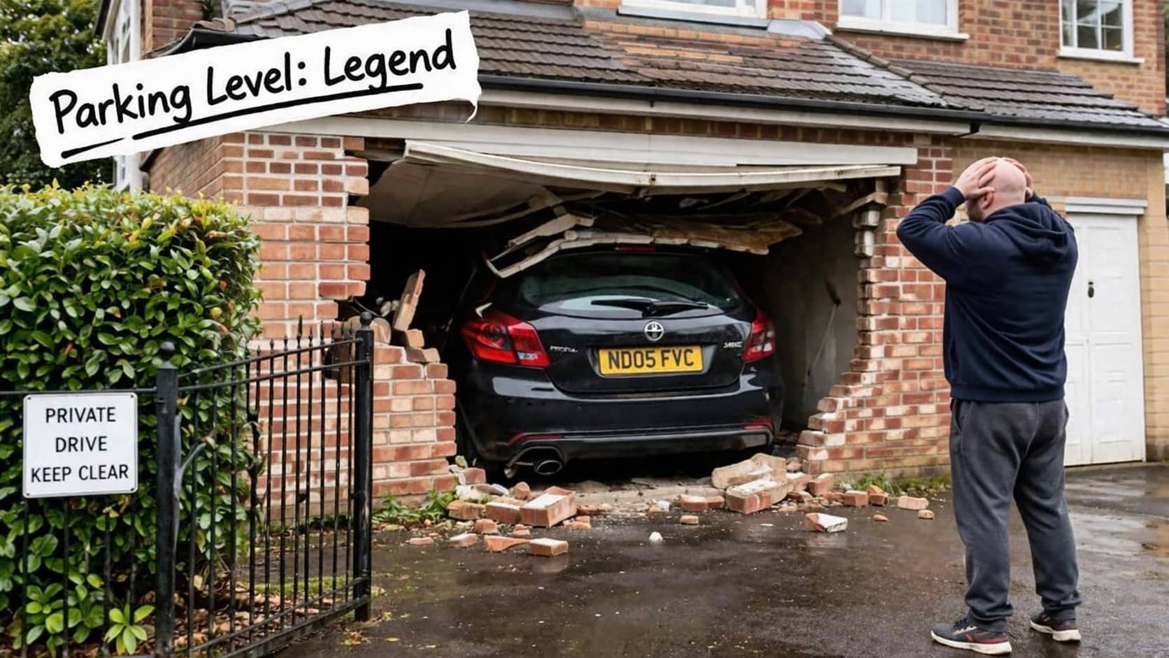 Funny car accident showing a vehicle smashed through a brick garage wall with a shocked homeowner.
