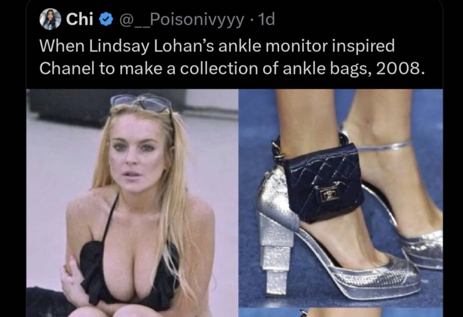 Lindsay Lohan alongside a Chanel ankle bag accessory inspired by the appearance of a court-ordered electronic monitoring device.