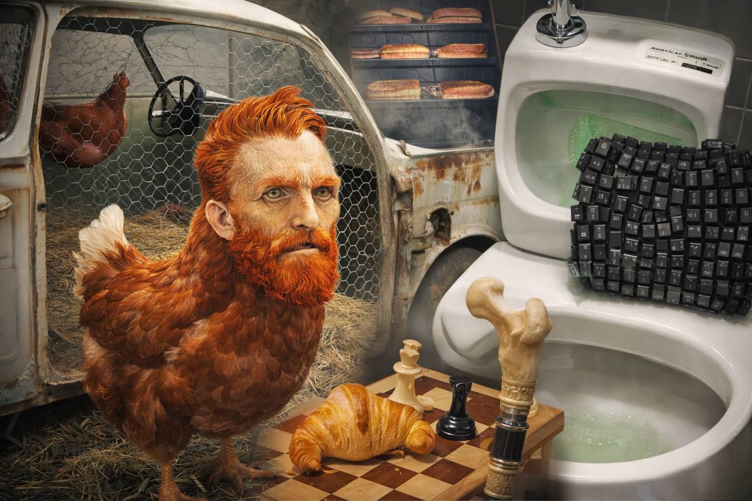 Bizarre visual puns including a chicken with Van Gogh’s head near a keyboard-covered toilet and croissant.