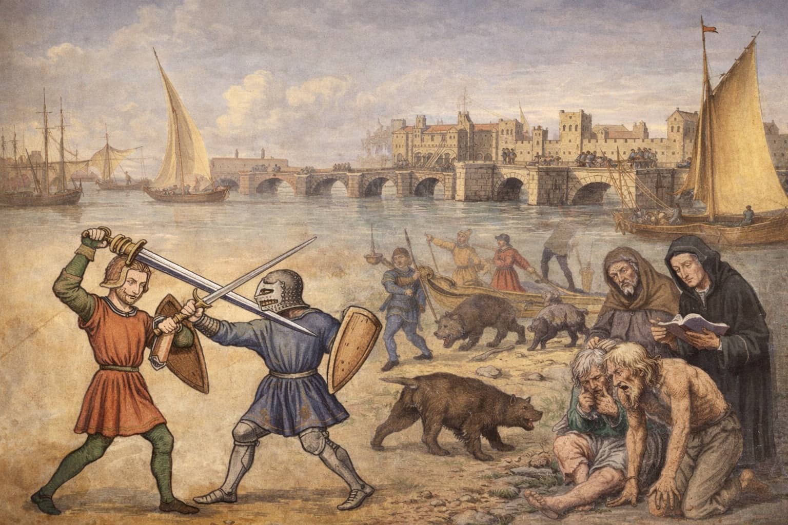 Medieval illustration depicting knights fighting, bears roaming, and monks reading for middle ages facts.