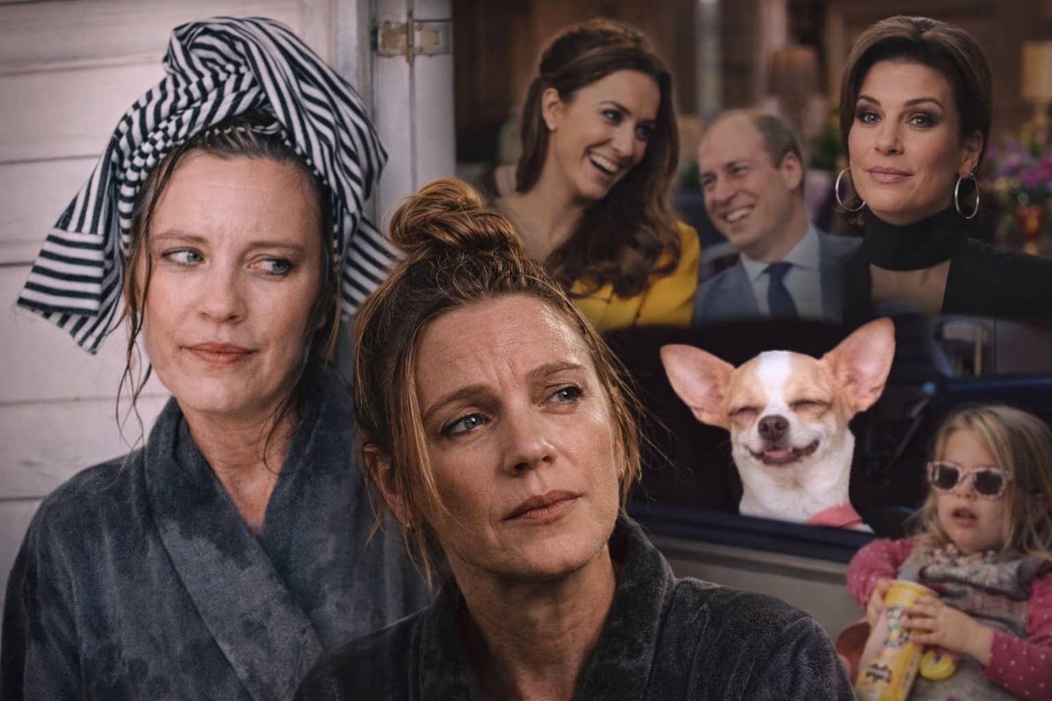 Relatable mom memes collage featuring a tired mother in a robe and a smiling chihuahua.